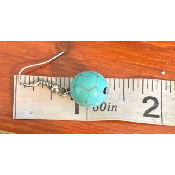 Turquoise Round Bead Dangle Earrings Silver Tone Hooks Lightweight 1.25" Estate - Picture 5 of 6